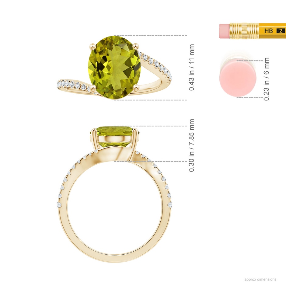 10.94x8.09x4.86mm AA Prong-Set GIA Certified Oval Tourmaline Bypass Ring in Yellow Gold ruler