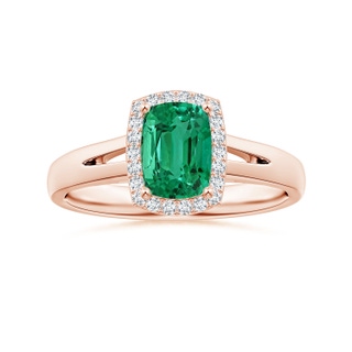 7.07x5.05x3.12mm AAA GIA Certified Cushion Rectangular Emerald Split Shank Ring with Diamond Halo in 10K Rose Gold