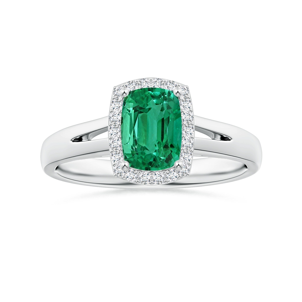 7.07x5.05x3.12mm AAA GIA Certified Cushion Rectangular Emerald Split Shank Ring with Diamond Halo in White Gold