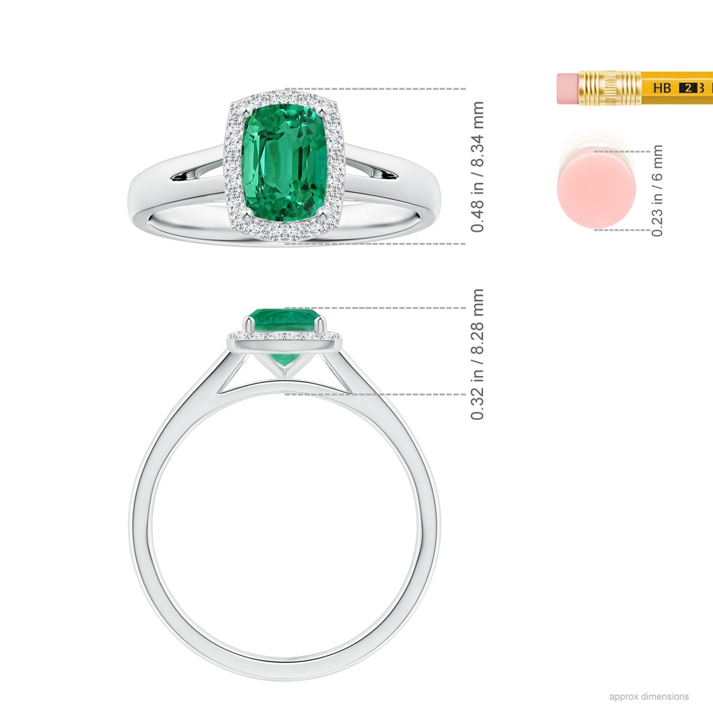 7.07x5.05x3.12mm AAA GIA Certified Cushion Rectangular Emerald Split Shank Ring with Diamond Halo in White Gold ruler