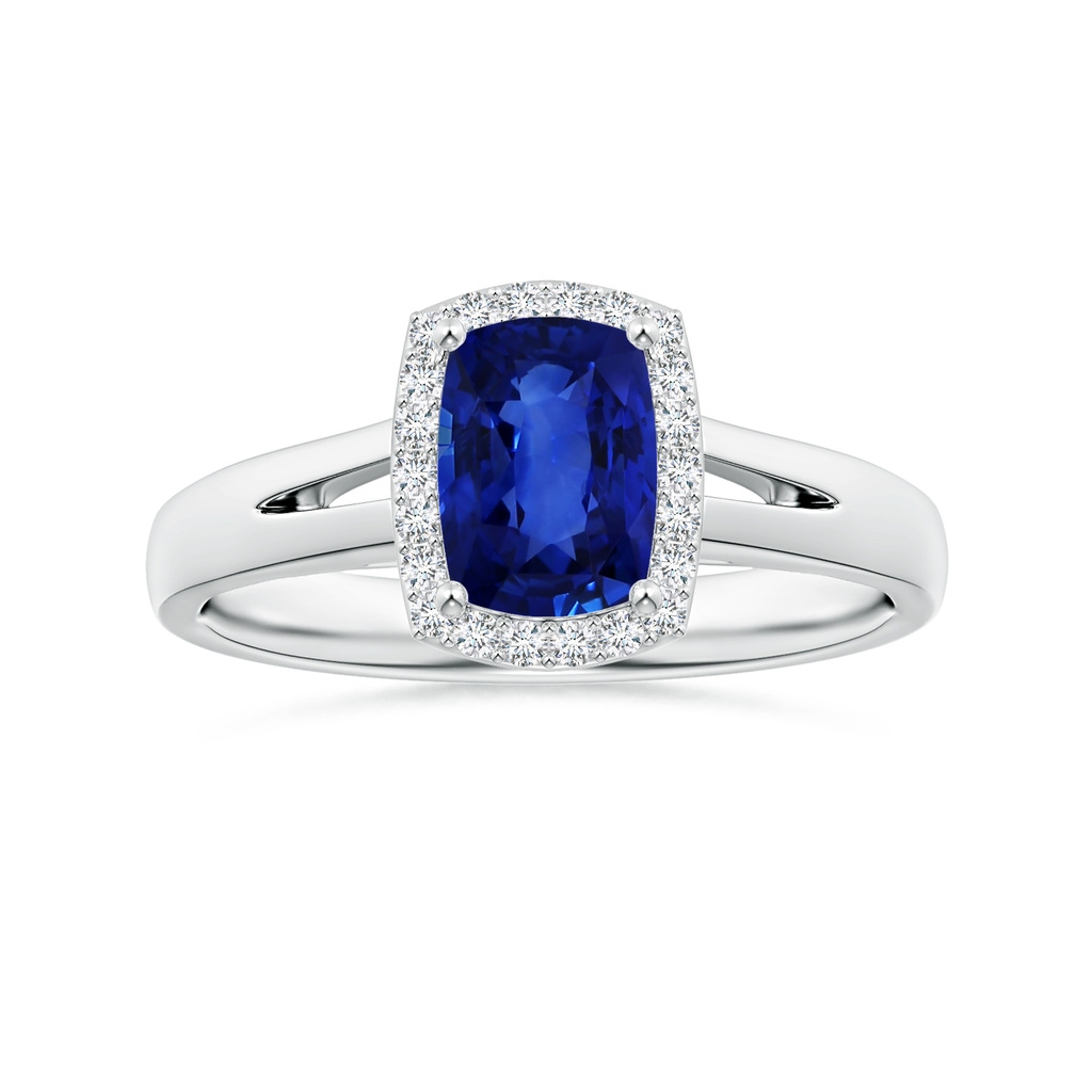 7.47x5.58x5.30mm AAAA GIA Certified Cushion Blue Sapphire Split Shank Ring with Halo in White Gold