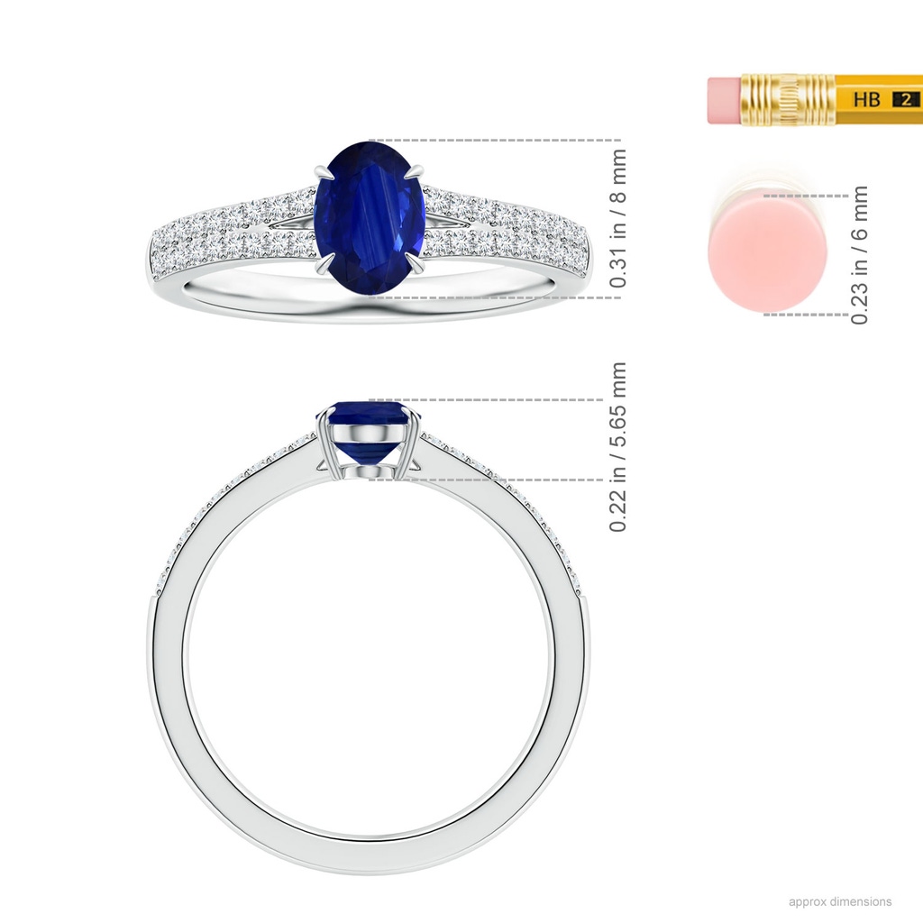 7.95x5.83x4.05mm AAA Claw-Set Oval Sapphire Ring with Diamond Split Shank in P950 Platinum ruler