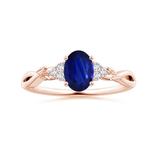 7.95x5.83x4.05mm AAA Nature Inspired Oval Blue Sapphire Ring with Side Diamonds in 18K Rose Gold