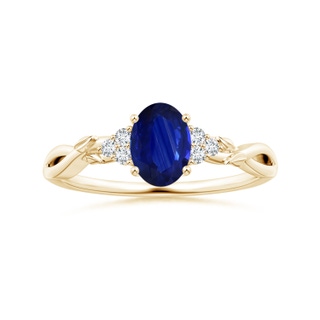 7.95x5.83x4.05mm AAA Nature Inspired Oval Blue Sapphire Ring with Side Diamonds in 9K Yellow Gold