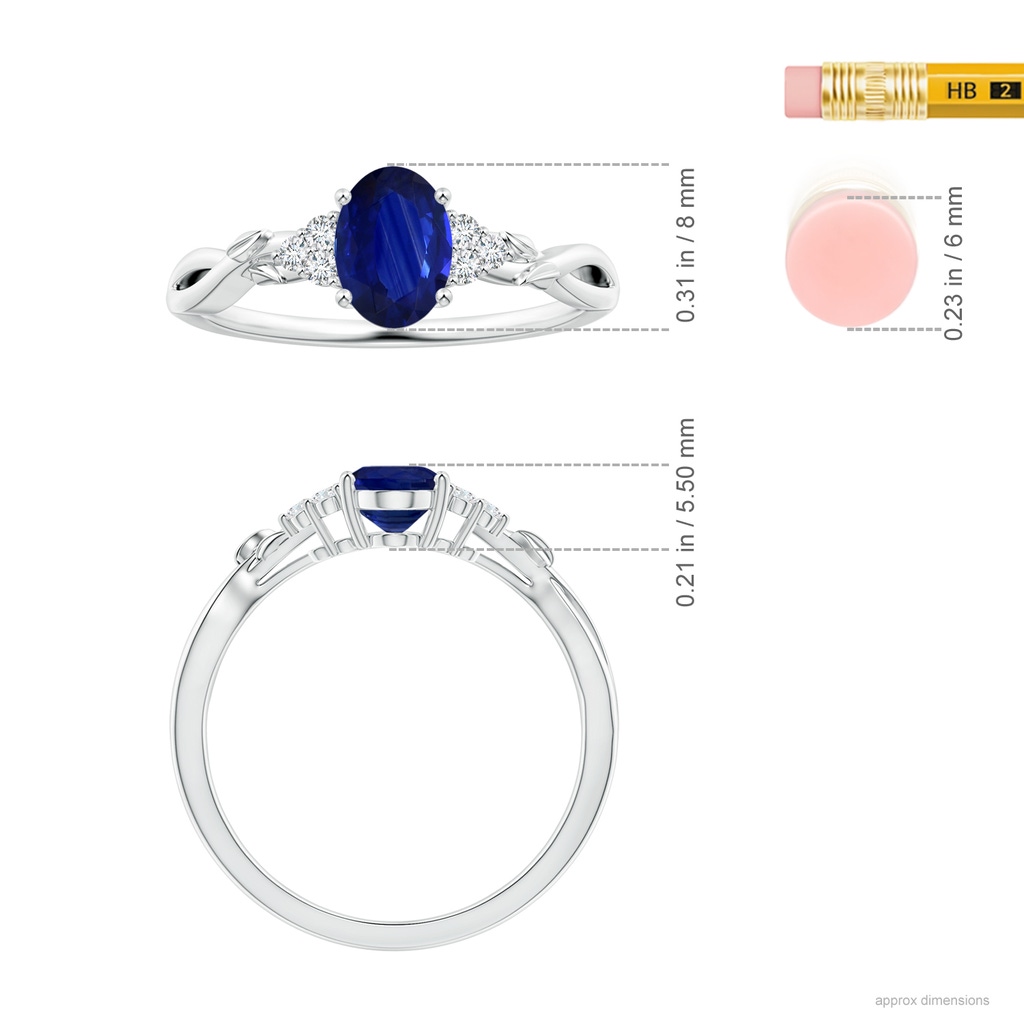 7.95x5.83x4.05mm AAA Nature Inspired Oval Blue Sapphire Ring with Side Diamonds in White Gold ruler
