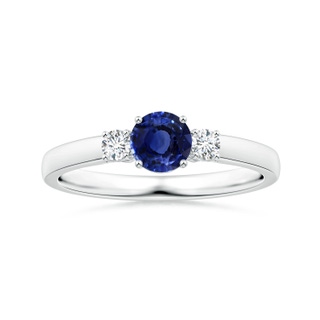 6.10X6.10X4.03mm AA GIA Certified Round Blue Sapphire Three Stone Ring with Diamonds in White Gold