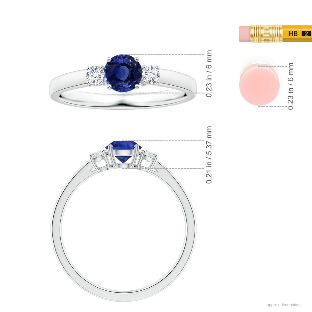 6.10X6.10X4.03mm AA GIA Certified Round Blue Sapphire Three Stone Ring with Diamonds in White Gold Ruler