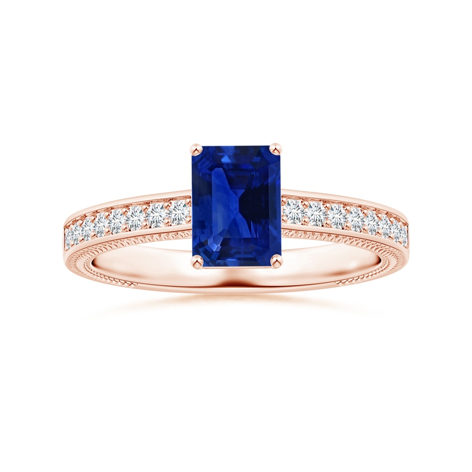 6.98x4.86x3.12mm AAA GIA Certified Prong-Set Emerald-Cut Blue Sapphire Leaf Ring with Diamonds in 18K Rose Gold 
