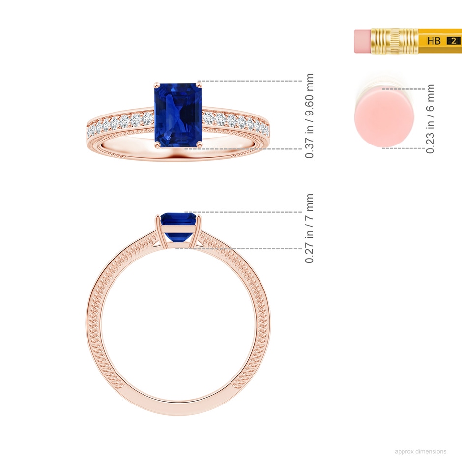 6.98x4.86x3.12mm AAA GIA Certified Prong-Set Emerald-Cut Blue Sapphire Leaf Ring with Diamonds in 18K Rose Gold ruler