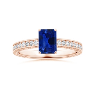 6.98x4.86x3.12mm AAA GIA Certified Prong-Set Emerald-Cut Blue Sapphire Leaf Ring with Diamonds in 9K Rose Gold