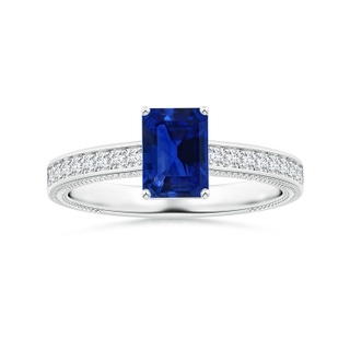 6.98x4.86x3.12mm AAA GIA Certified Prong-Set Emerald-Cut Blue Sapphire Leaf Ring with Diamonds in P950 Platinum