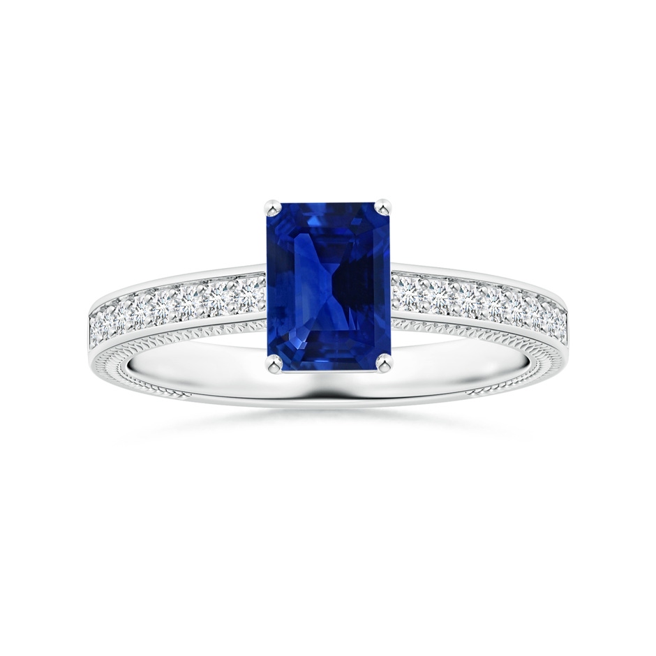 6.98x4.86x3.12mm AAA GIA Certified Prong-Set Emerald-Cut Blue Sapphire Leaf Ring with Diamonds in White Gold 