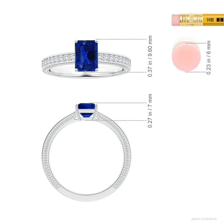 6.98x4.86x3.12mm AAA GIA Certified Prong-Set Emerald-Cut Blue Sapphire Leaf Ring with Diamonds in White Gold ruler