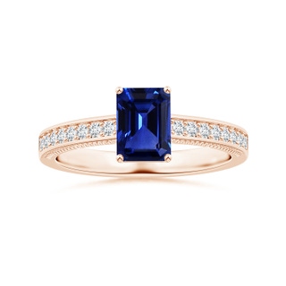 7.01x4.95x3.41mm AAA GIA Certified Claw-Set Emerald-Cut Blue Sapphire Leaf Ring with Diamonds in 10K Rose Gold