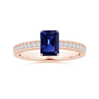 7.01x4.95x3.41mm AAA GIA Certified Claw-Set Emerald-Cut Blue Sapphire Leaf Ring with Diamonds in 18K Rose Gold