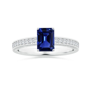 7.01x4.95x3.41mm AAA GIA Certified Claw-Set Emerald-Cut Blue Sapphire Leaf Ring with Diamonds in P950 Platinum
