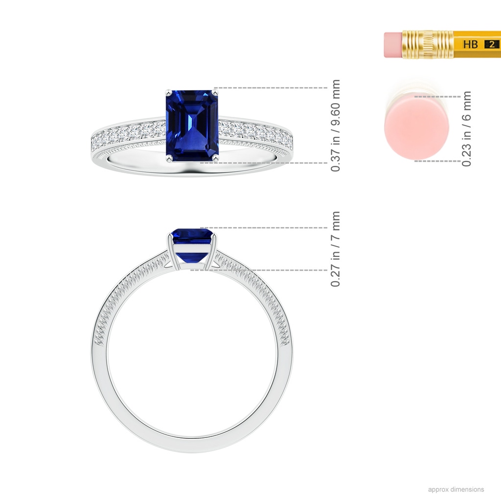 7.01x4.95x3.41mm AAA GIA Certified Claw-Set Emerald-Cut Blue Sapphire Leaf Ring with Diamonds in White Gold ruler