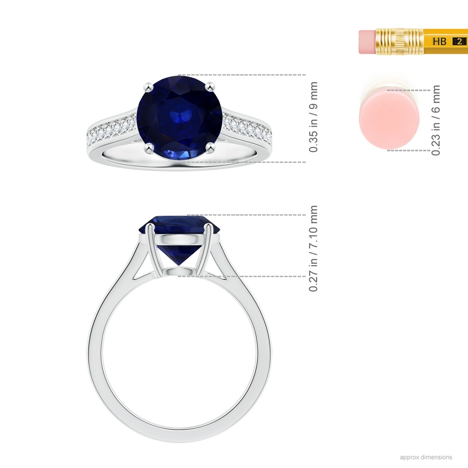 8.92x8.83x5.96mm AAA Round Blue Sapphire Prong-set Ring with Diamonds in 18K White Gold ruler