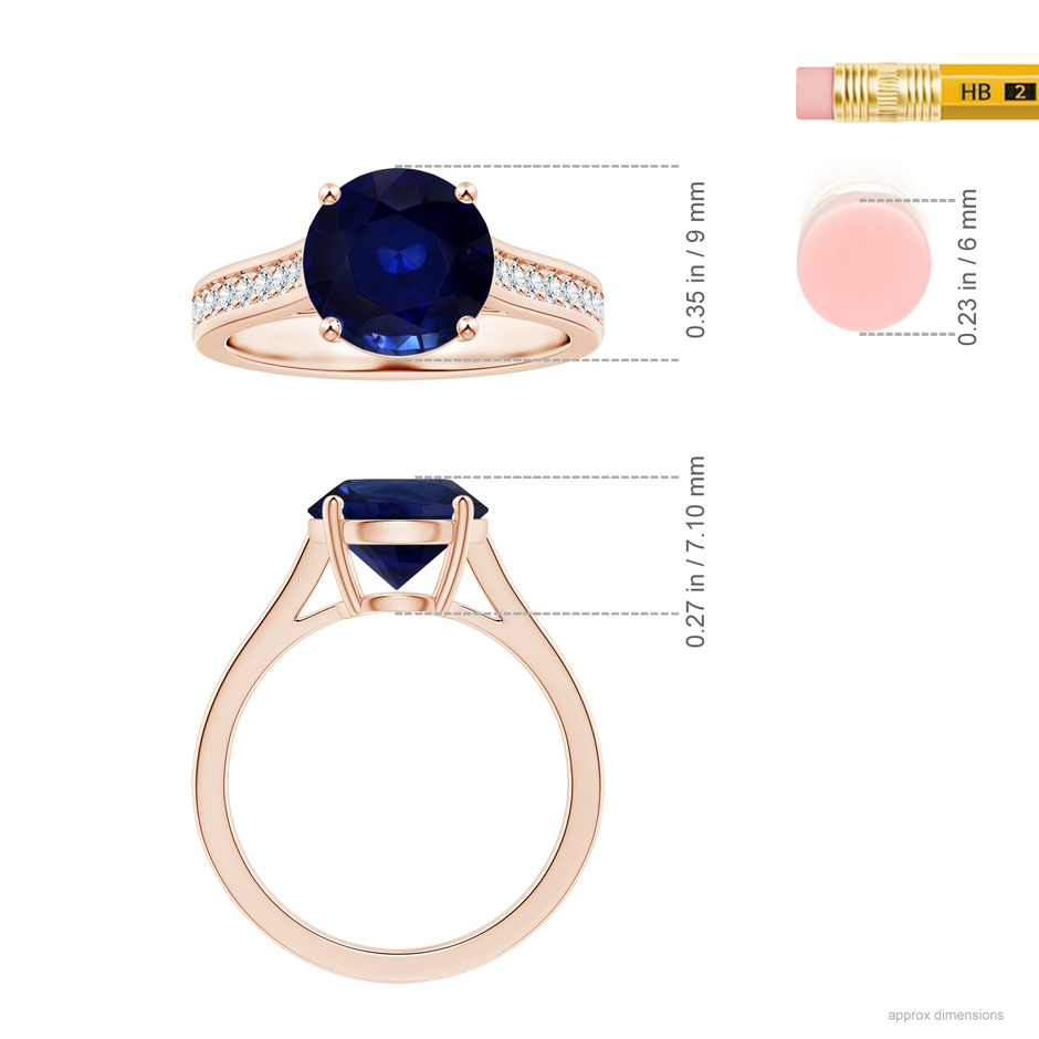 8.92x8.83x5.96mm AAA Round Blue Sapphire Prong-set Ring with Diamonds in Rose Gold ruler
