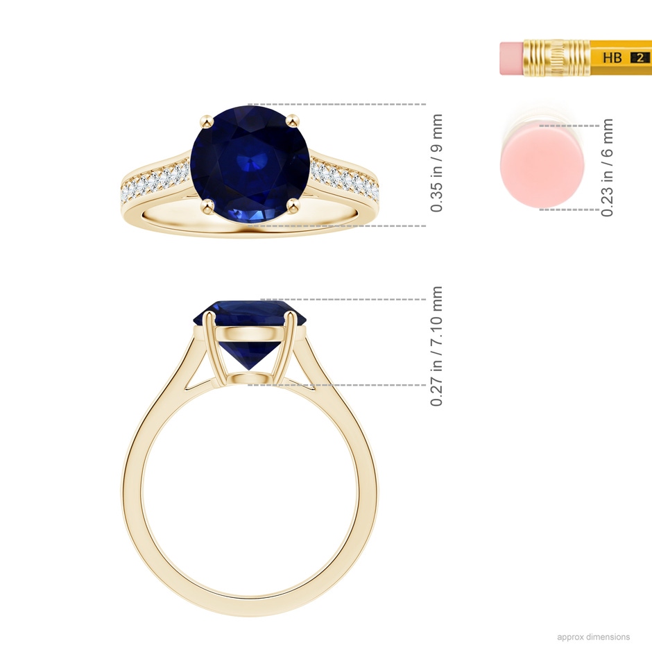 8.92x8.83x5.96mm AAA Round Blue Sapphire Prong-set Ring with Diamonds in Yellow Gold ruler