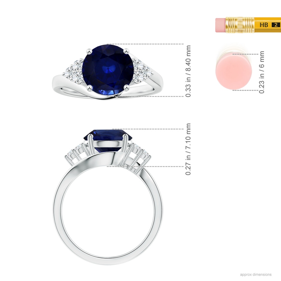 8.92x8.83x5.96mm AAA Side Stone GIA Certified Round Blue Sapphire Bypass Ring with Diamonds in 18K White Gold ruler