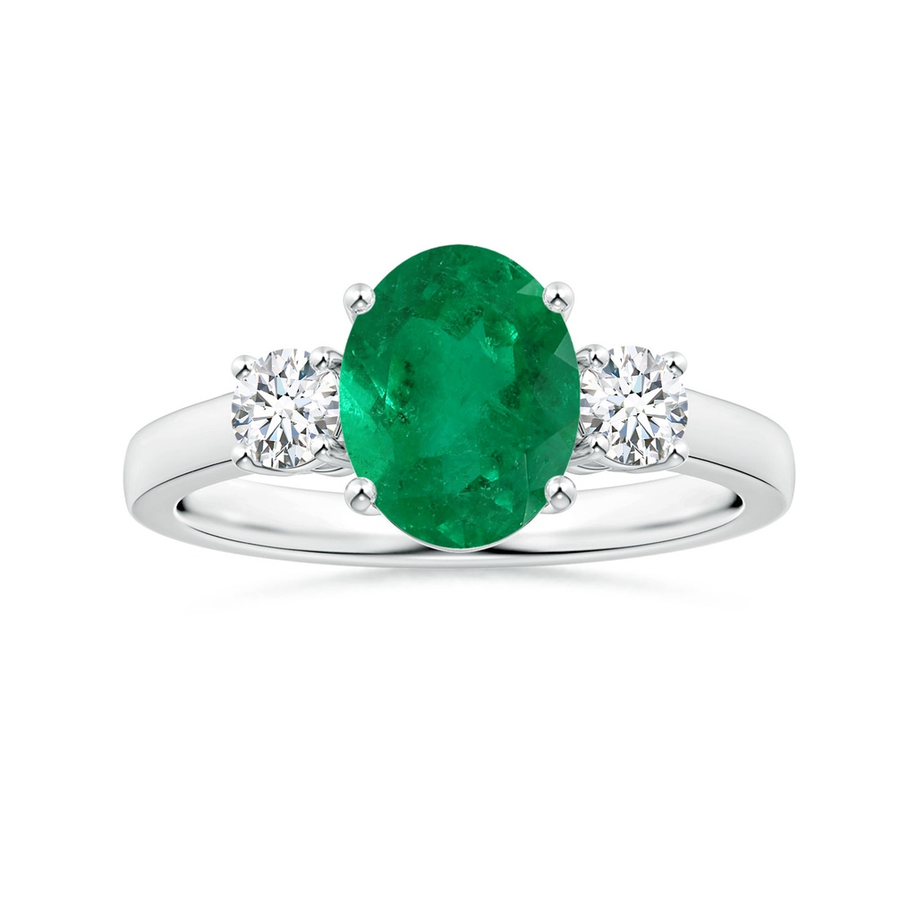9x7.5mm AAA GIA Certified Oval Columbian Emerald Three Stone Ring with Diamonds in 18K White Gold