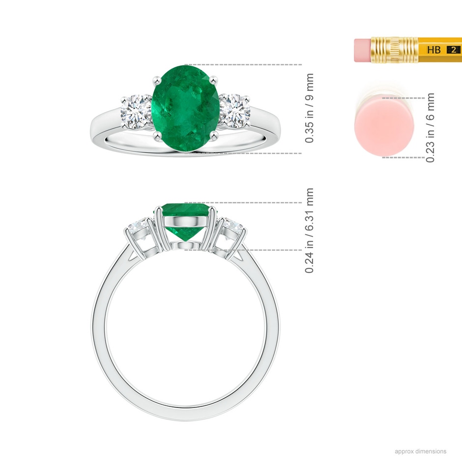 9x7.5mm AAA GIA Certified Oval Columbian Emerald Three Stone Ring with Diamonds in 18K White Gold ruler