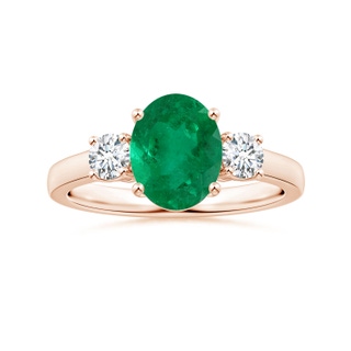 9x7.5mm AAA GIA Certified Oval Columbian Emerald Three Stone Ring with Diamonds in 9K Rose Gold