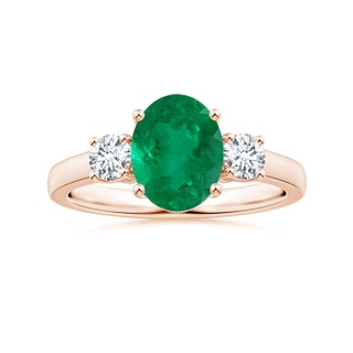 9x7.5mm AAA GIA Certified Oval Columbian Emerald Three Stone Ring with Diamonds in Rose Gold