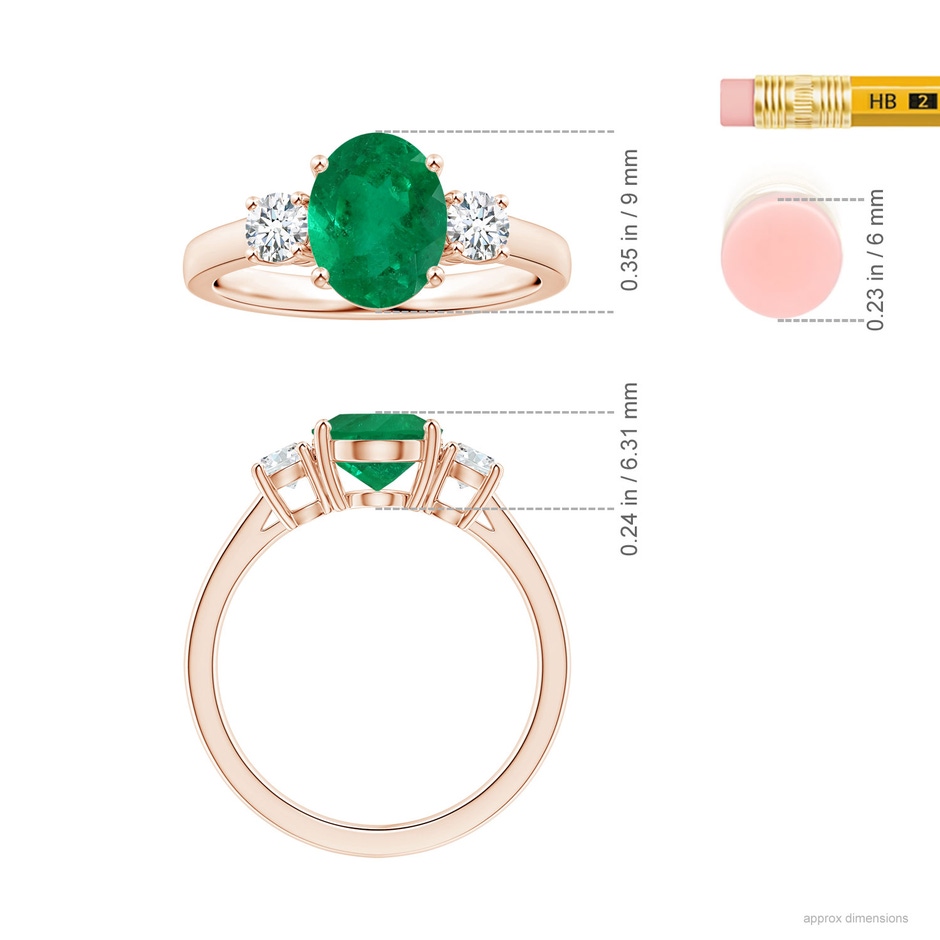 9x7.5mm AAA GIA Certified Oval Columbian Emerald Three Stone Ring with Diamonds in Rose Gold ruler