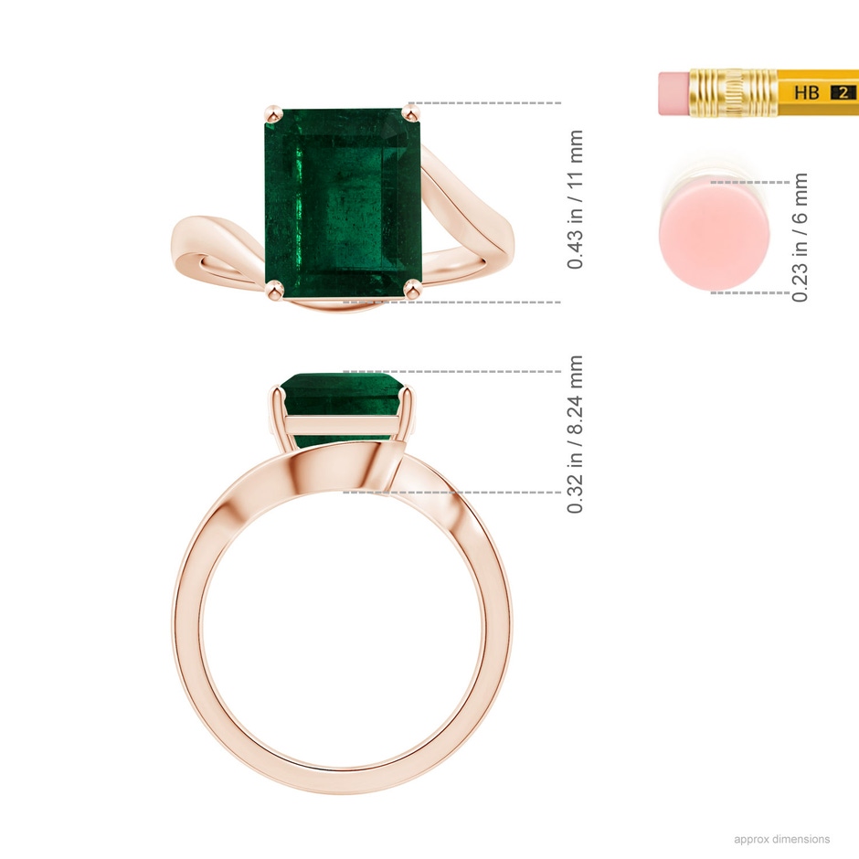 10.31x8.20x6.57mm AA GIA Certified Prong-Set Solitaire Emerald-Cut Emerald Bypass Ring in 18K Rose Gold ruler