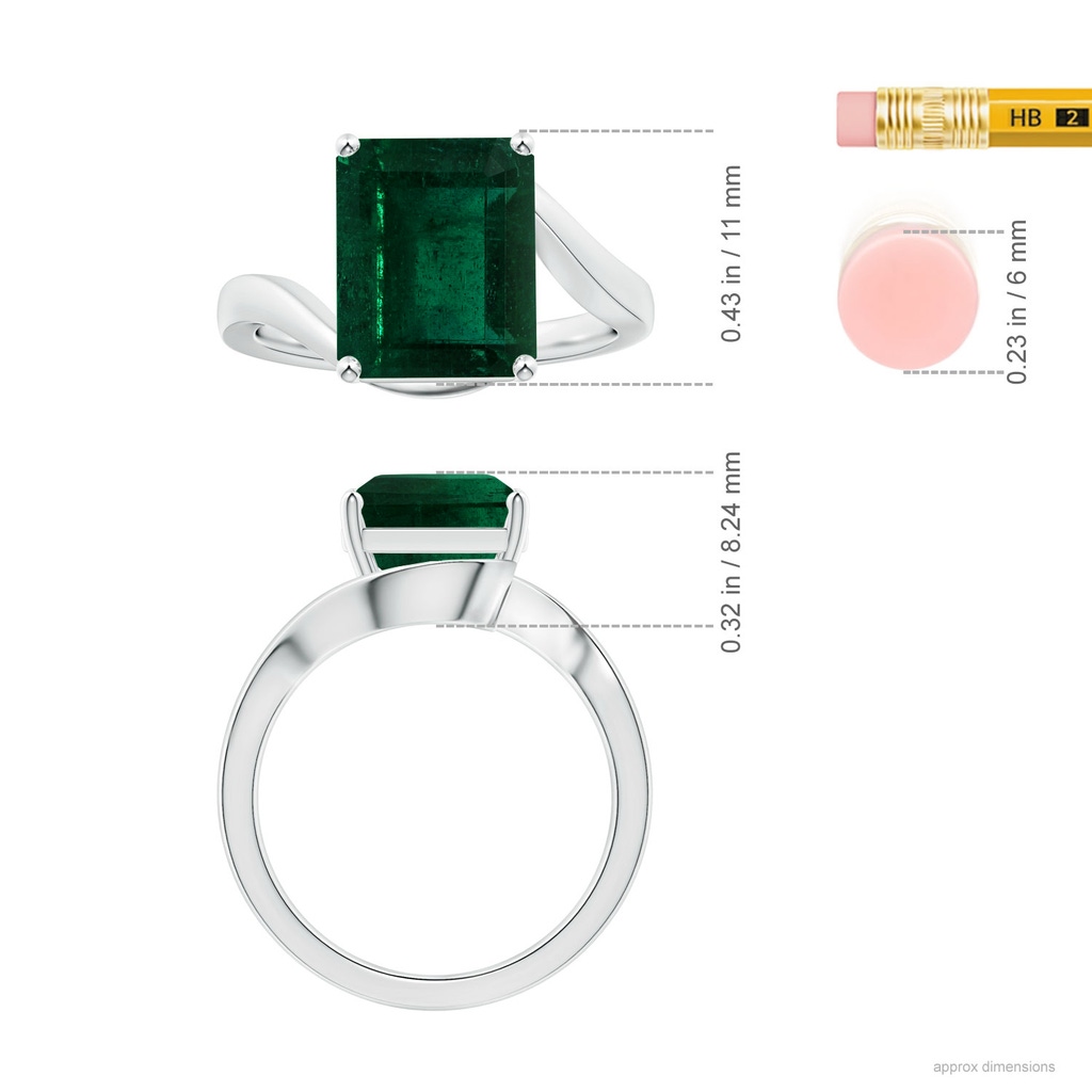 10.31x8.20x6.57mm AA GIA Certified Prong-Set Solitaire Emerald-Cut Emerald Bypass Ring in White Gold ruler