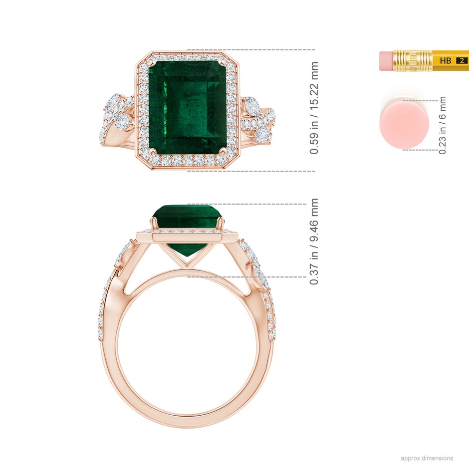 10.31x8.20x6.57mm AA GIA Certified Nature Inspired Emerald-Cut Emerald Halo Ring with Diamonds in 18K Rose Gold ruler