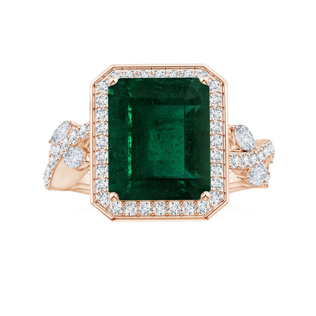 10.31x8.20x6.57mm AA GIA Certified Nature Inspired Emerald-Cut Emerald Halo Ring with Diamonds in Rose Gold