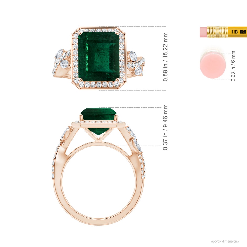 10.31x8.20x6.57mm AA GIA Certified Nature Inspired Emerald-Cut Emerald Halo Ring with Diamonds in Rose Gold ruler