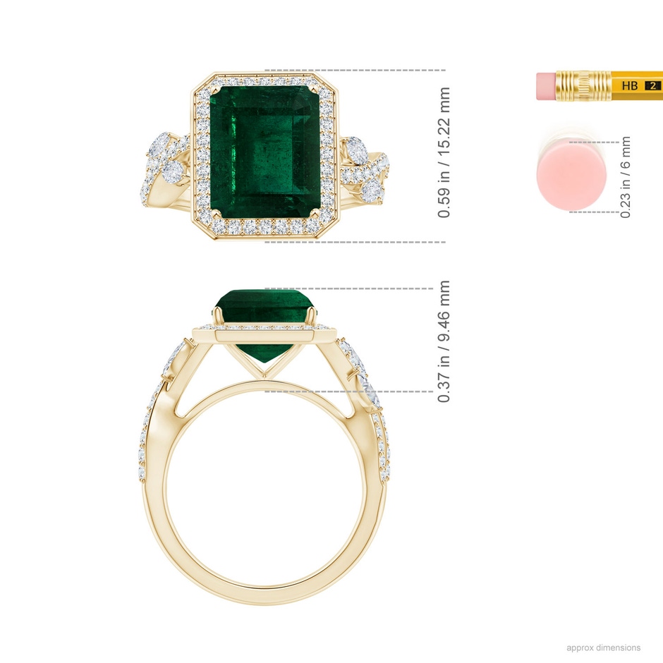 10.31x8.20x6.57mm AA GIA Certified Nature Inspired Emerald-Cut Emerald Halo Ring with Diamonds in Yellow Gold ruler