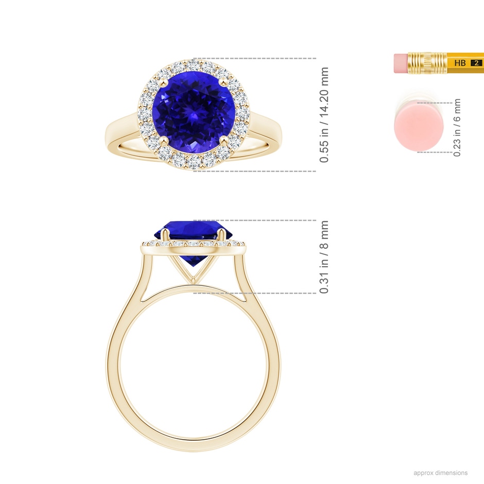 9.96x9.84x6.58mm AAAA GIA Certified Round Tanzanite Ring with Diamond Halo in Yellow Gold ruler