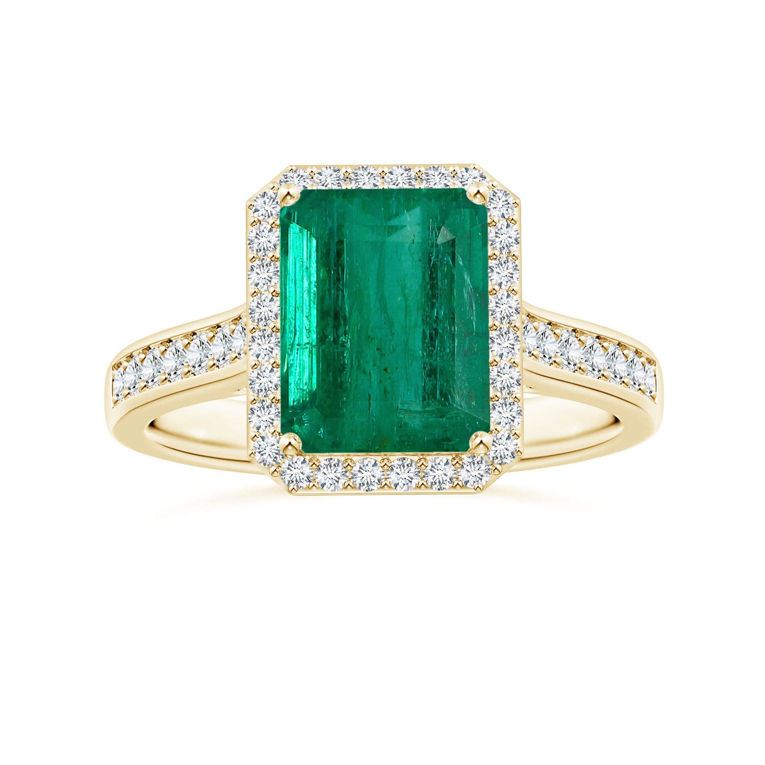 9.08x7.24x5.27mm AA GIA Certified Emerald-Cut Emerald Halo Ring with Diamonds in 18K Yellow Gold