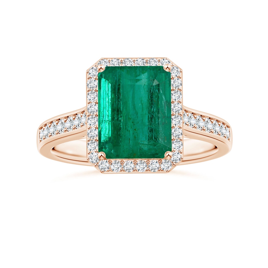 9.08x7.24x5.27mm AA GIA Certified Emerald-Cut Emerald Halo Ring with Diamonds in Rose Gold 
