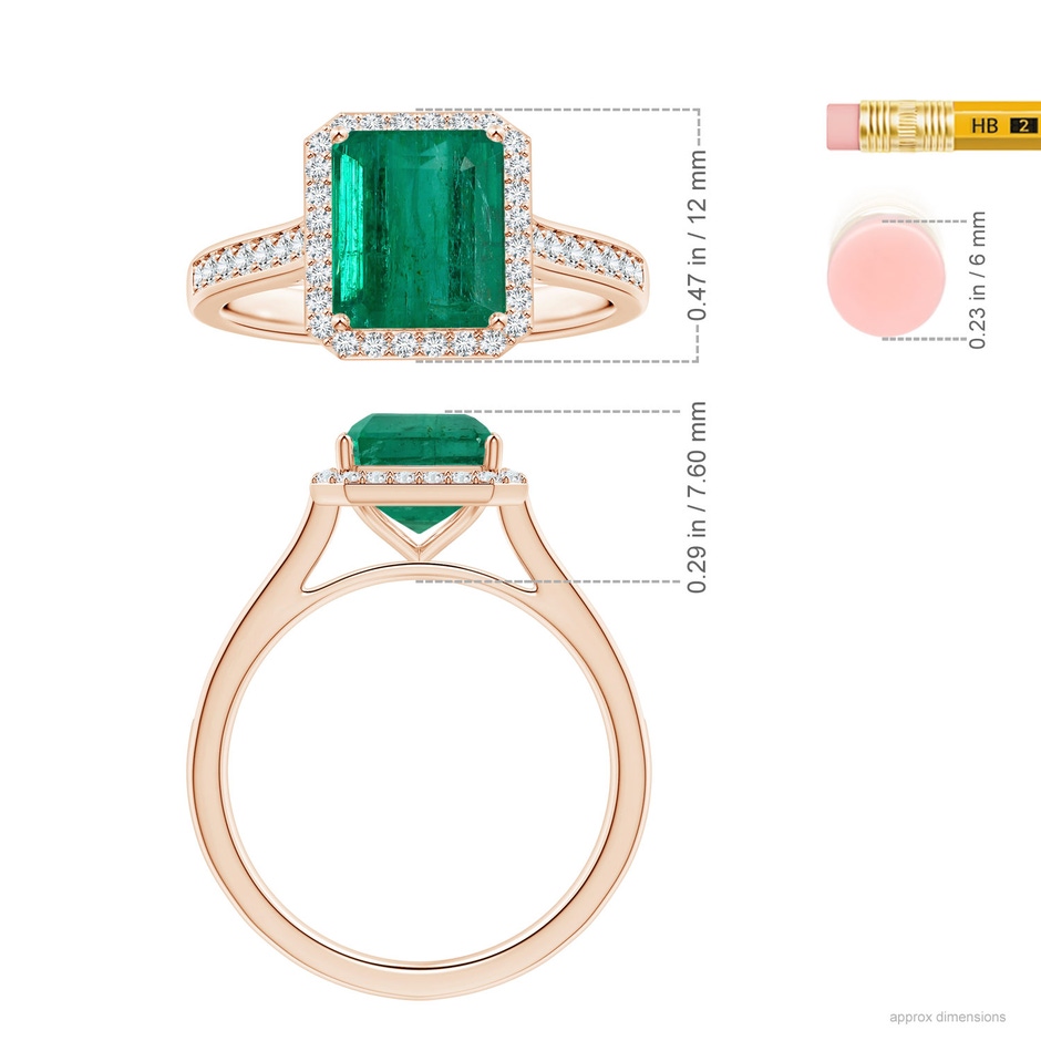 9.08x7.24x5.27mm AA GIA Certified Emerald-Cut Emerald Halo Ring with Diamonds in Rose Gold ruler