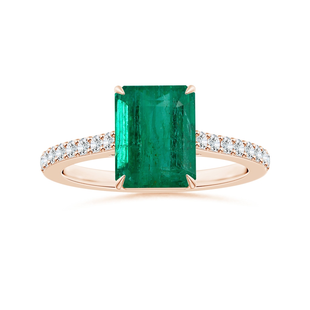 9.08x7.24x5.27mm AA Claw-Set Emerald-Cut Emerald Ring with Diamonds in Rose Gold 