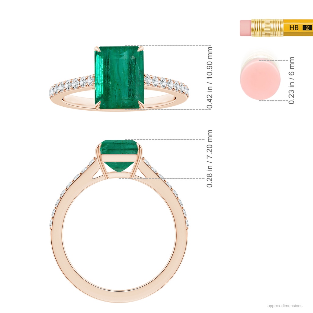 9.08x7.24x5.27mm AA Claw-Set Emerald-Cut Emerald Ring with Diamonds in Rose Gold ruler