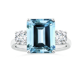 11.07x9.09x6.12mm AAA Reverse Tapered GIA Certified Emerald-Cut Aquamarine Three Stone Ring with Diamonds in P950 Platinum