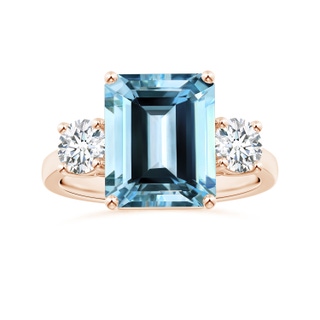 11.07x9.09x6.12mm AAA Reverse Tapered GIA Certified Emerald-Cut Aquamarine Three Stone Ring with Diamonds in Rose Gold