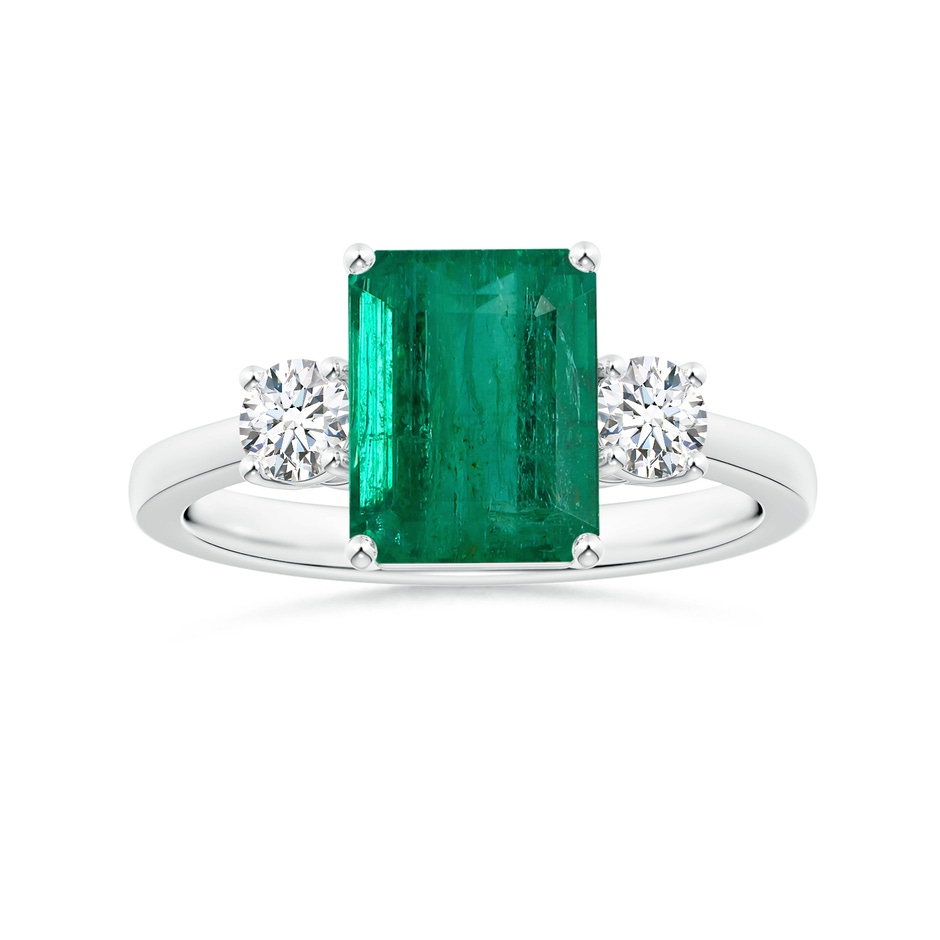 9.08x7.24x5.27mm AA Three Stone GIA Certified Emerald-Cut Emerald Reverse Tapered Shank Ring with Diamonds in 18K White Gold 