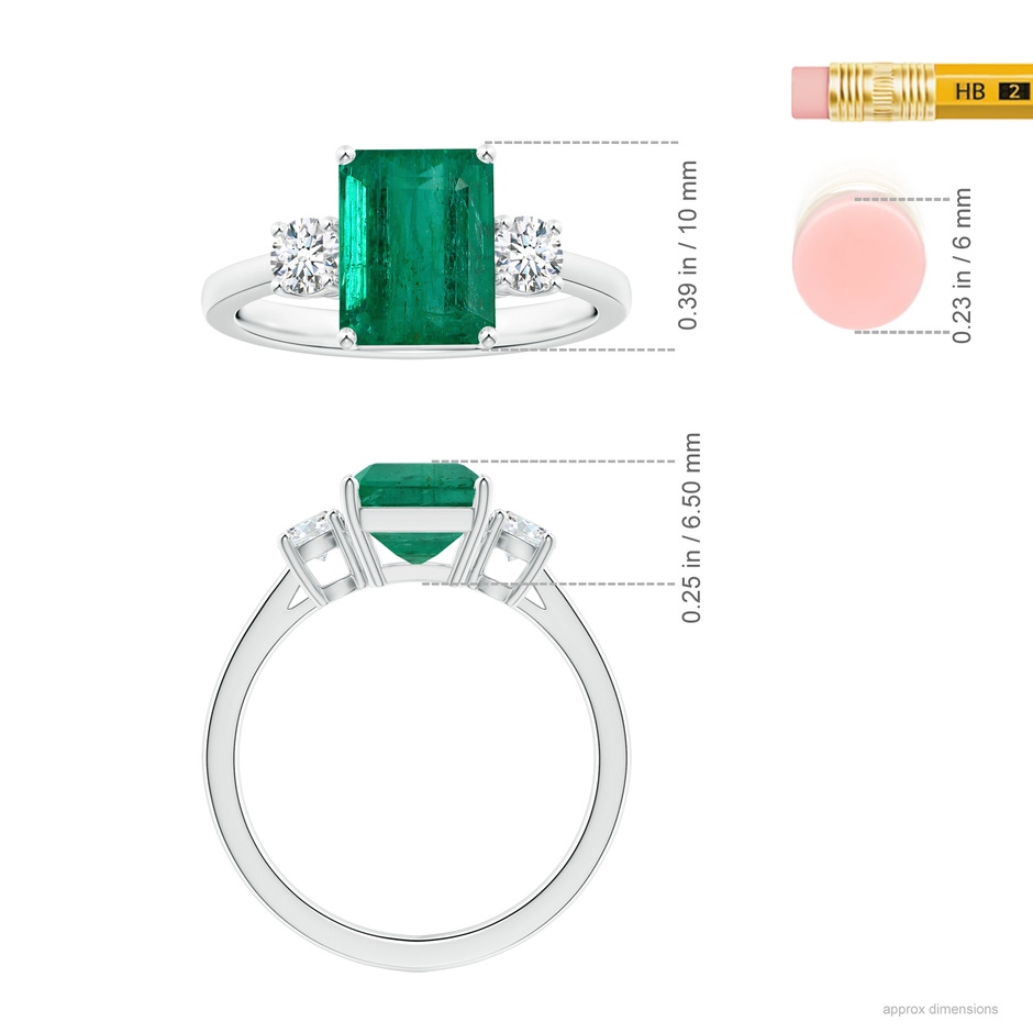 9.08x7.24x5.27mm AA Three Stone GIA Certified Emerald-Cut Emerald Reverse Tapered Shank Ring with Diamonds in 18K White Gold ruler