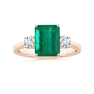 9.08x7.24x5.27mm AA Three Stone GIA Certified Emerald-Cut Emerald Reverse Tapered Shank Ring with Diamonds in 9K Rose Gold