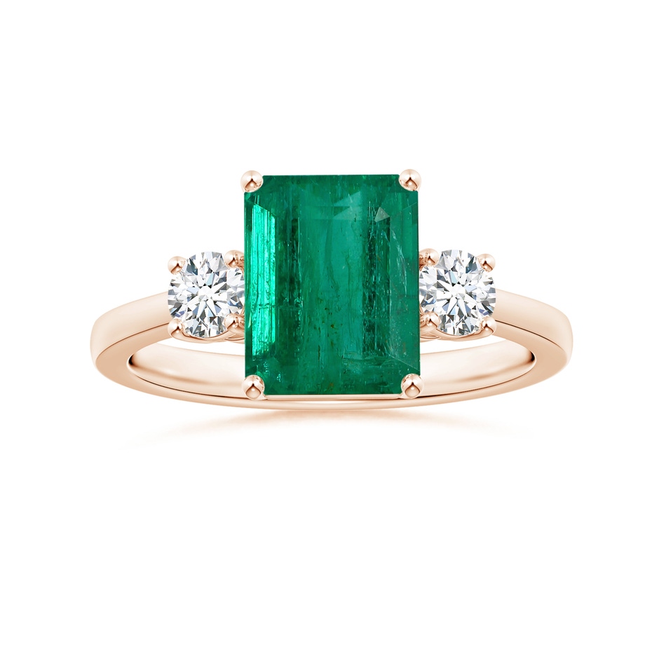 9.08x7.24x5.27mm AA Three Stone GIA Certified Emerald-Cut Emerald Reverse Tapered Shank Ring with Diamonds in Rose Gold 