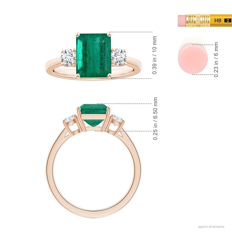 9.08x7.24x5.27mm AA Three Stone GIA Certified Emerald-Cut Emerald Reverse Tapered Shank Ring with Diamonds in Rose Gold ruler