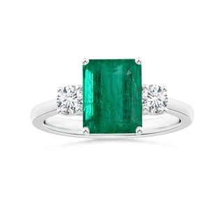 9.08x7.24x5.27mm AA Three Stone GIA Certified Emerald-Cut Emerald Reverse Tapered Shank Ring with Diamonds in White Gold